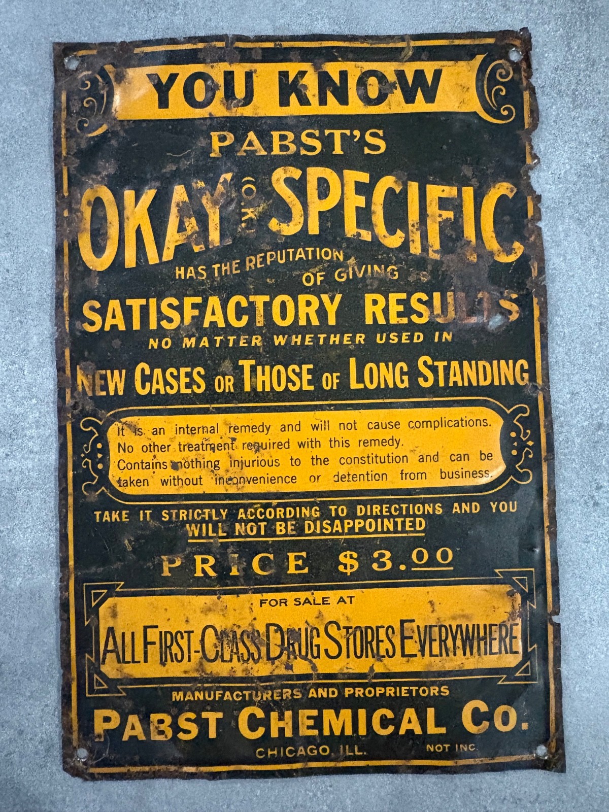 Antique Pabst Chemical Co Chicago Pabst’s Okay Specific Elixir Embossed Tin Sign