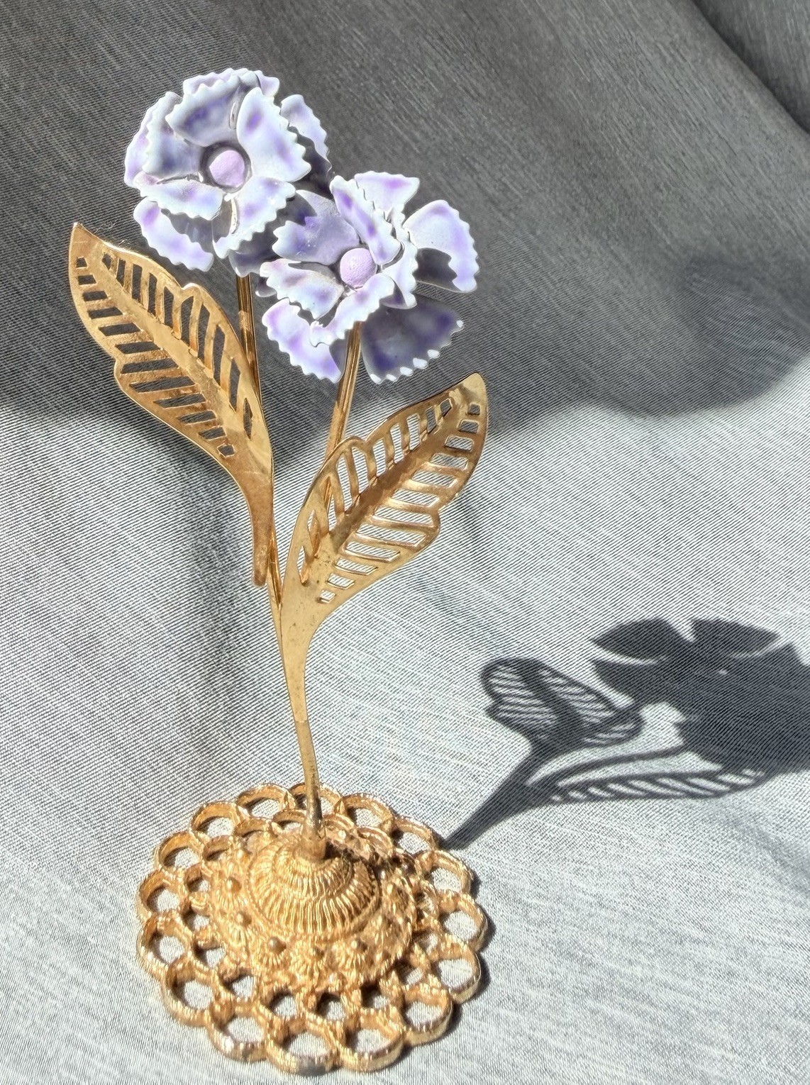 Vintage Gold Tone Enamel Flower Figurine Lavender Purple Filigree Base 4.5