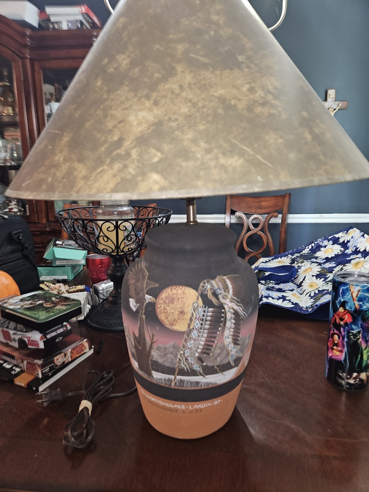 Large Richard Underbagge Signed Lakota Sioux Native American Table Lamp.