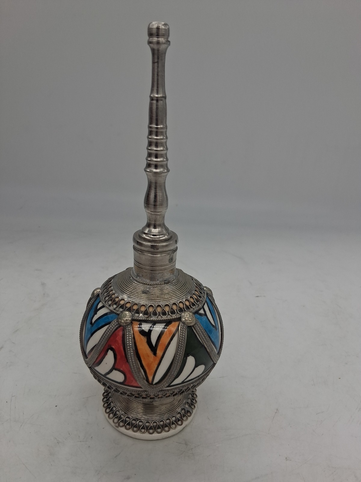 Vintage Moroccan HandPainted Inlay Ceramic & Metal Rose Water Perfume Bottle