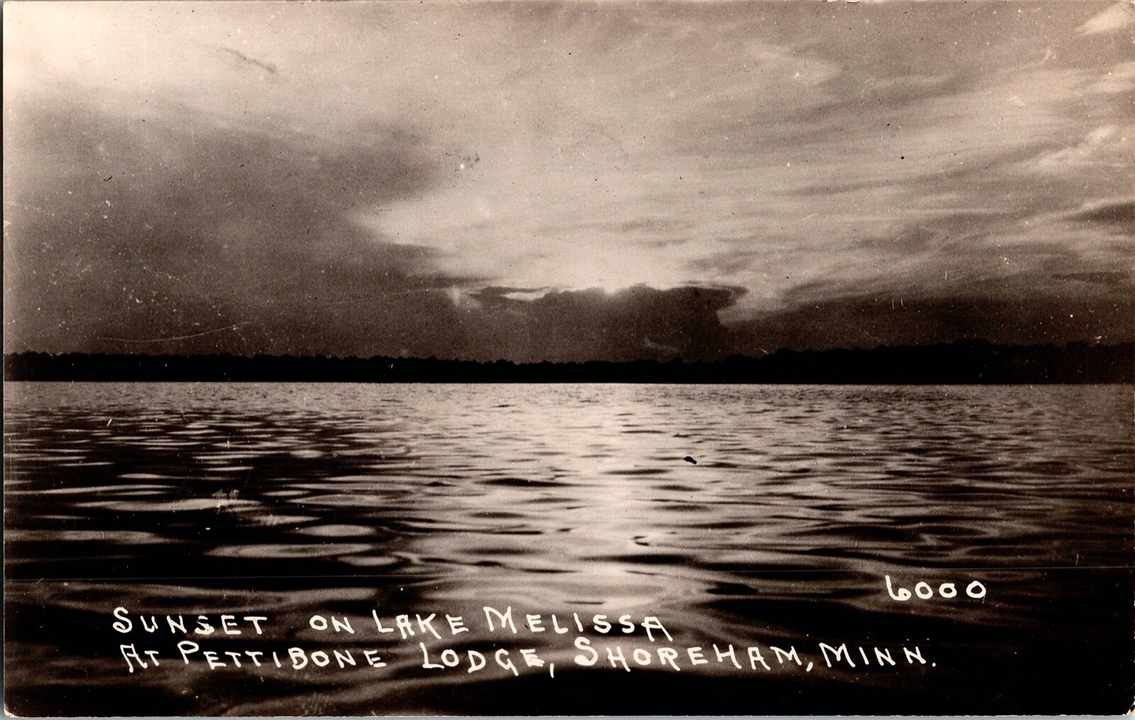 Sunset on Lake Melissa Pettibone Lodge, Shoreham Minnesota RPPC Vintage Postcard