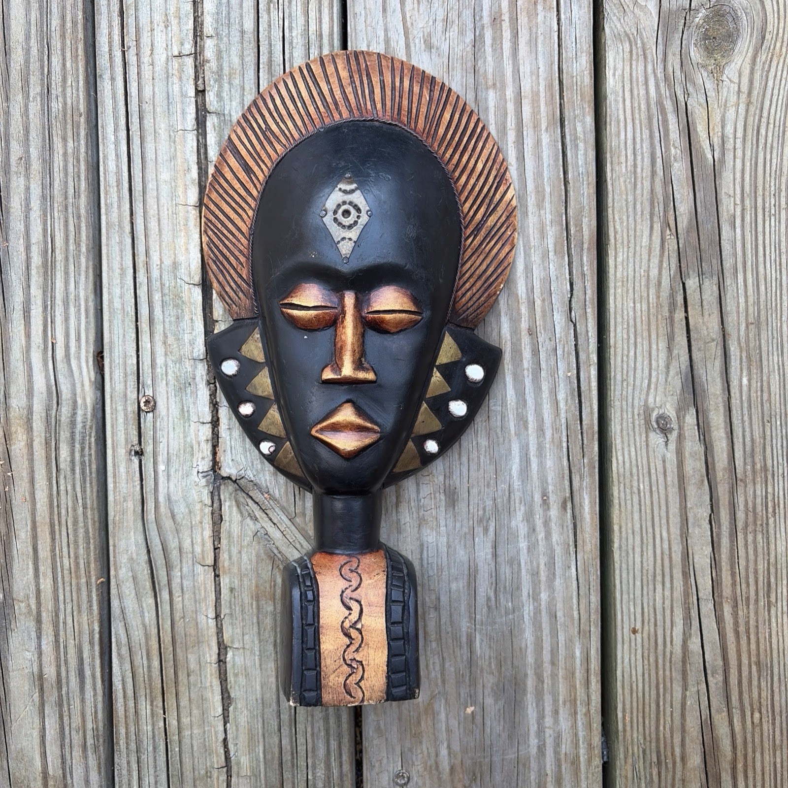Vintage Hand-Carved Wooden Head Sculpture – African Tribal Style Folk Art 16”