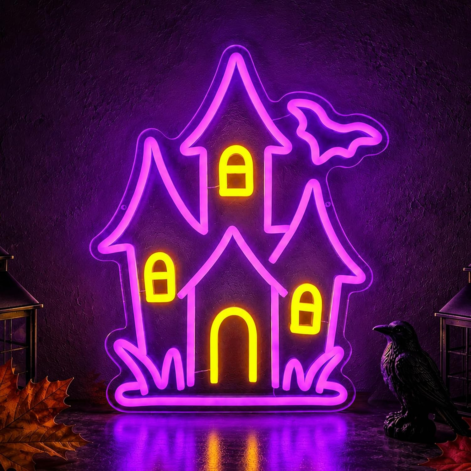 Haunted House Neon Sign, Dimmable Halloween LED Light Sign Haunted Castle with B Haunted House Neon Sign, Dimmable Halloween LED Light Sign Haunted Castle with B