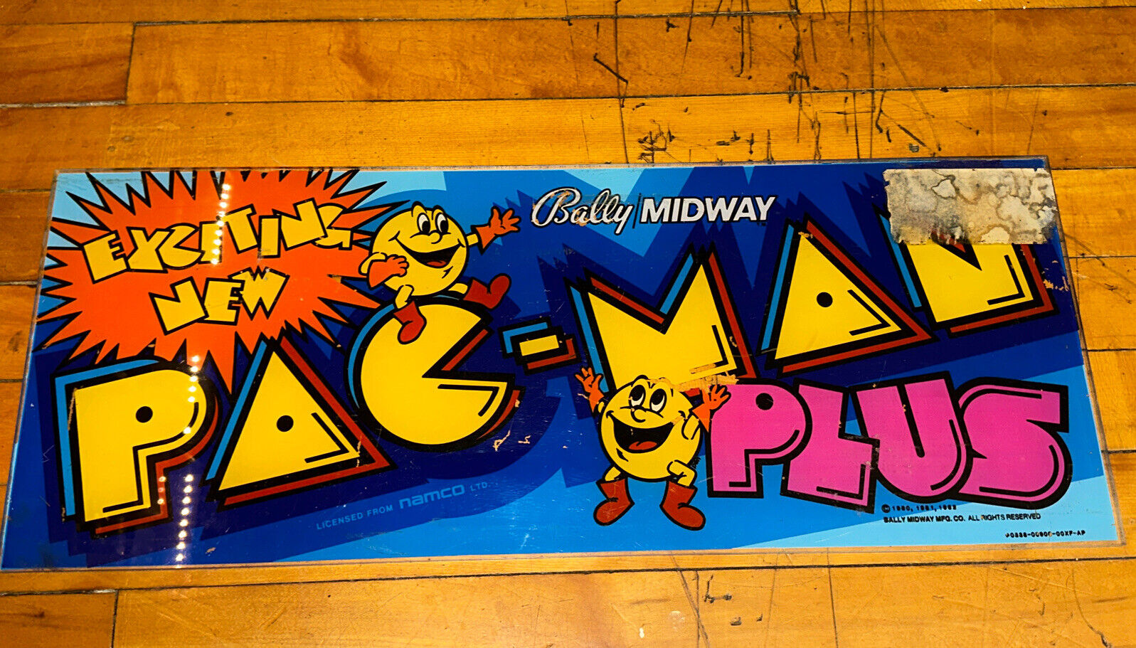 Pac-Man Plus video arcade game marquee, Midway 1982 Original Plexiglass Pacman