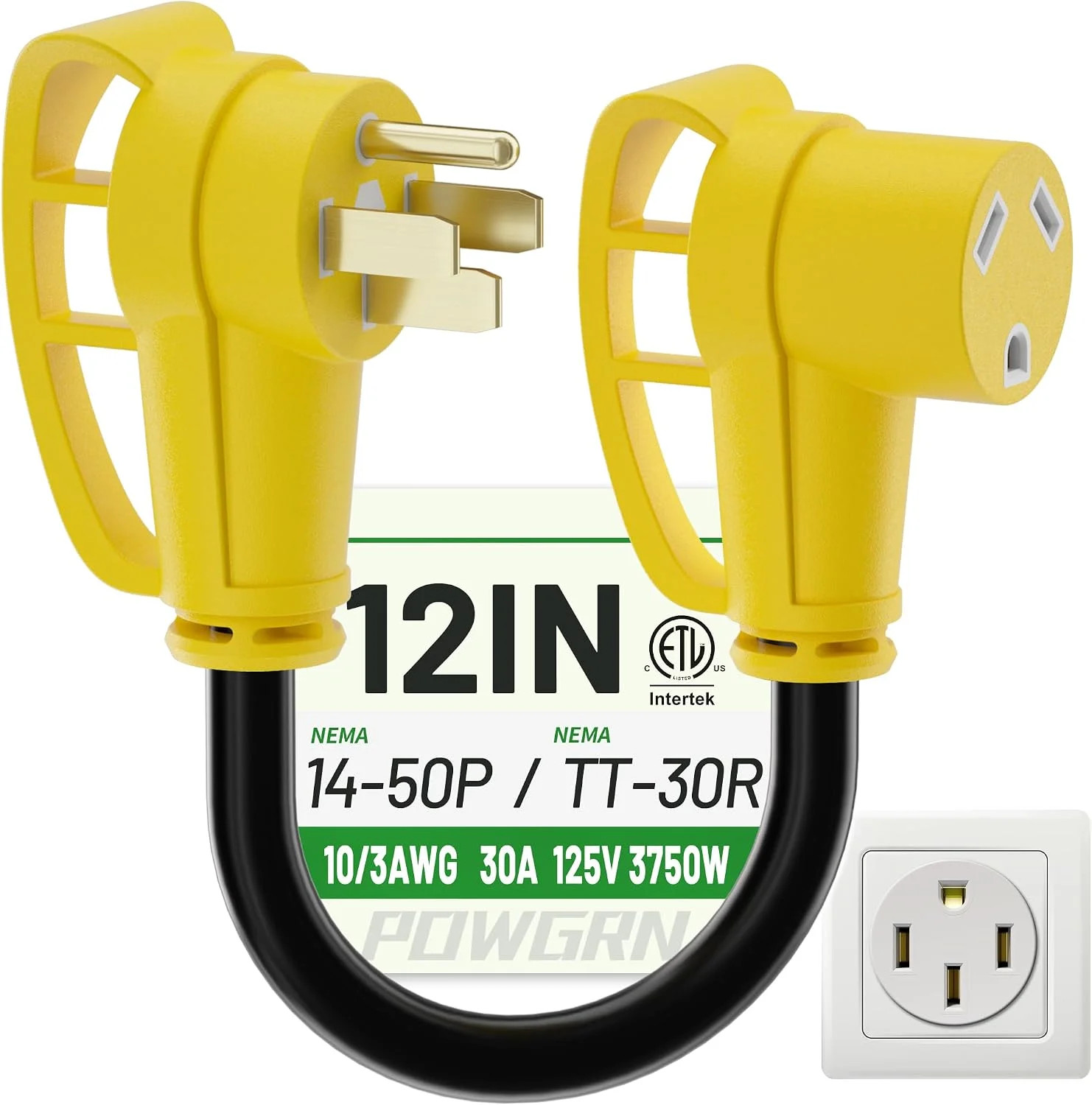50 Amp to 30 Amp RV Adapter Cord 12 inch Yellow, STW 30A 125V 3750W 50 Amp to 30 Amp RV Adapter Cord 12 inch Yellow, STW 30A 125V 3750W