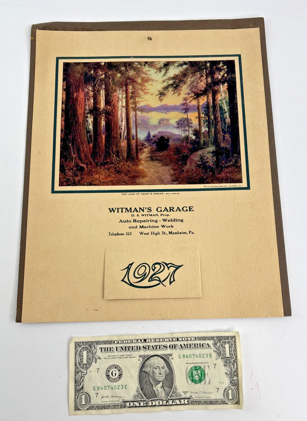 Vintage 1927 Witman's Garage Manheim, Pa Advertising Calendar
