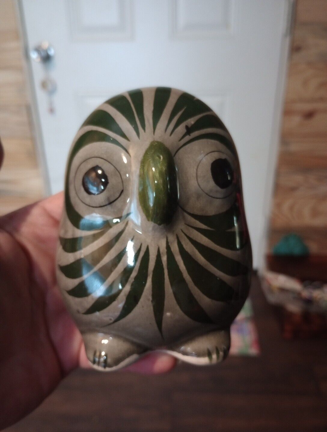Vintage Tonala Mexican Pottery Hand Painted Folk Art Owl Figurine 5 ” Tall