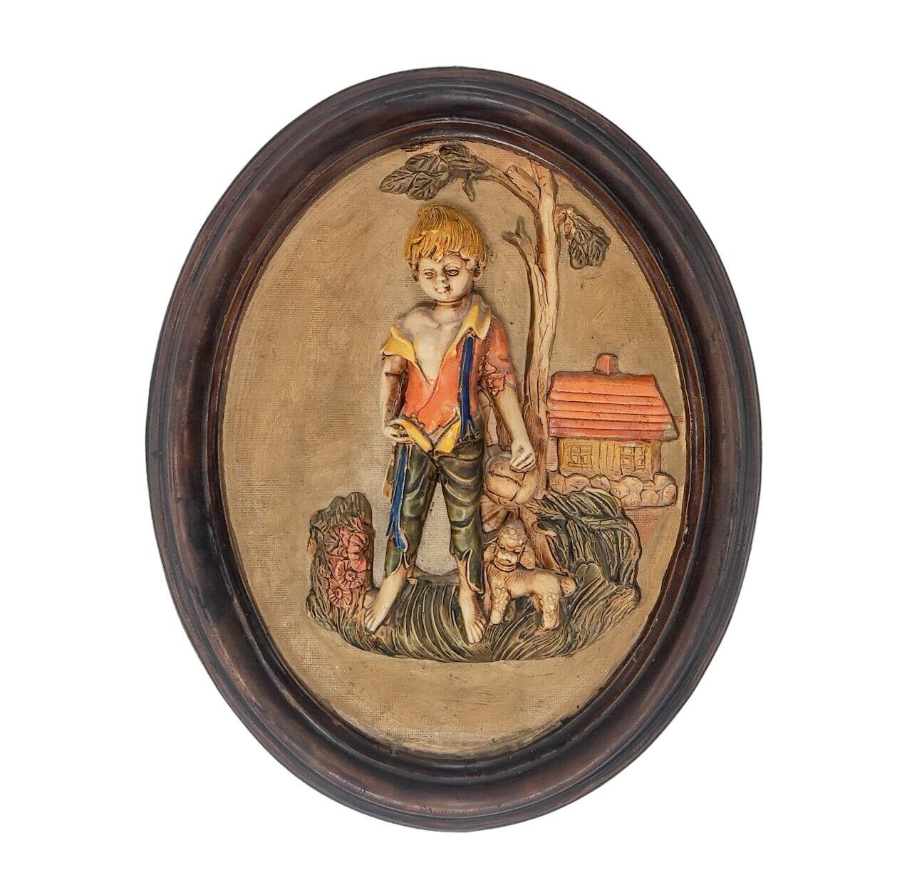 Great Vintage Plaster Raised Relief Relief Painting Picture: Village Boy