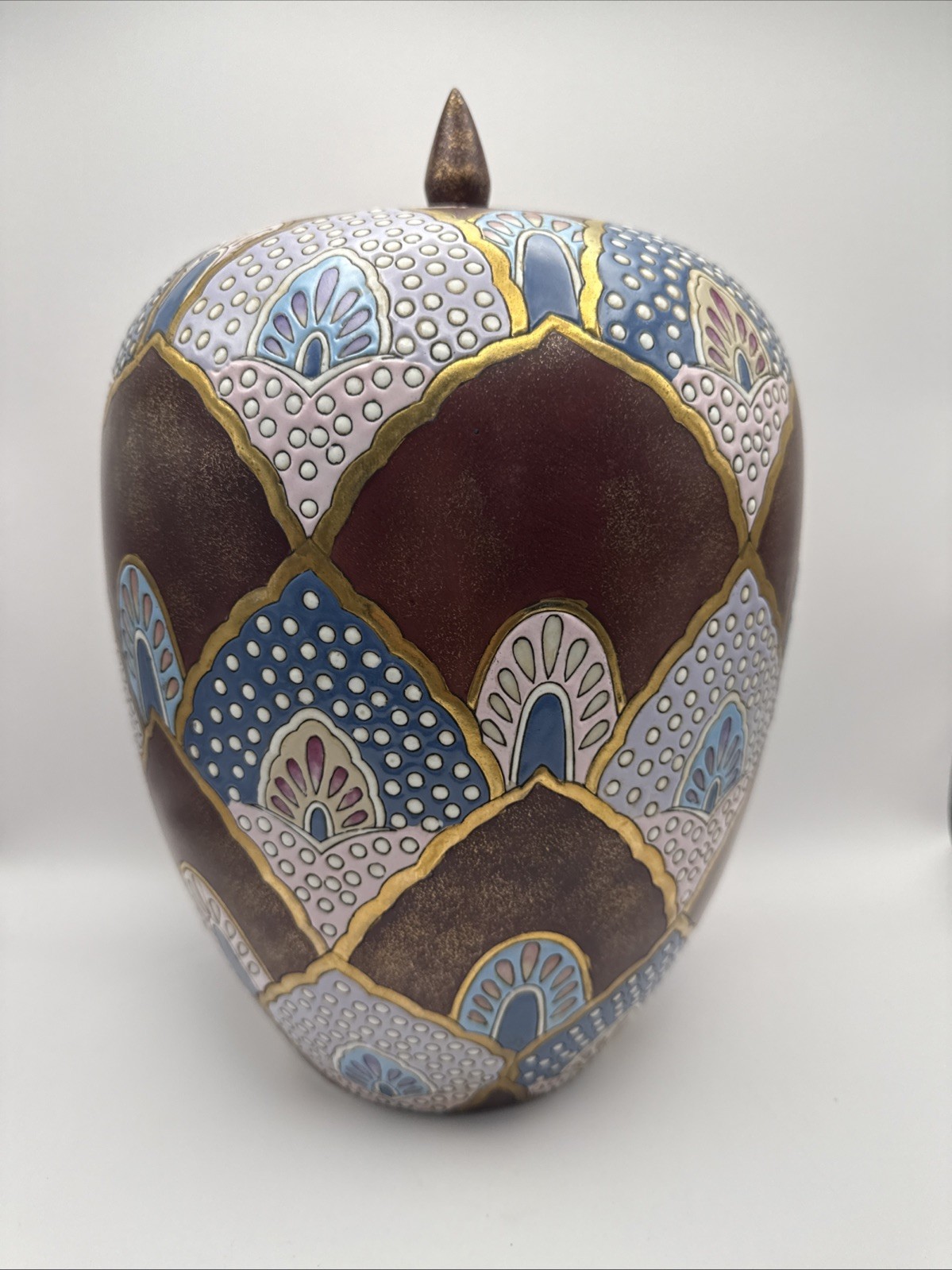 Large Decorative Lidded Jar Hand Painted Raised Enamel Pattern Burgundy Gold 12”