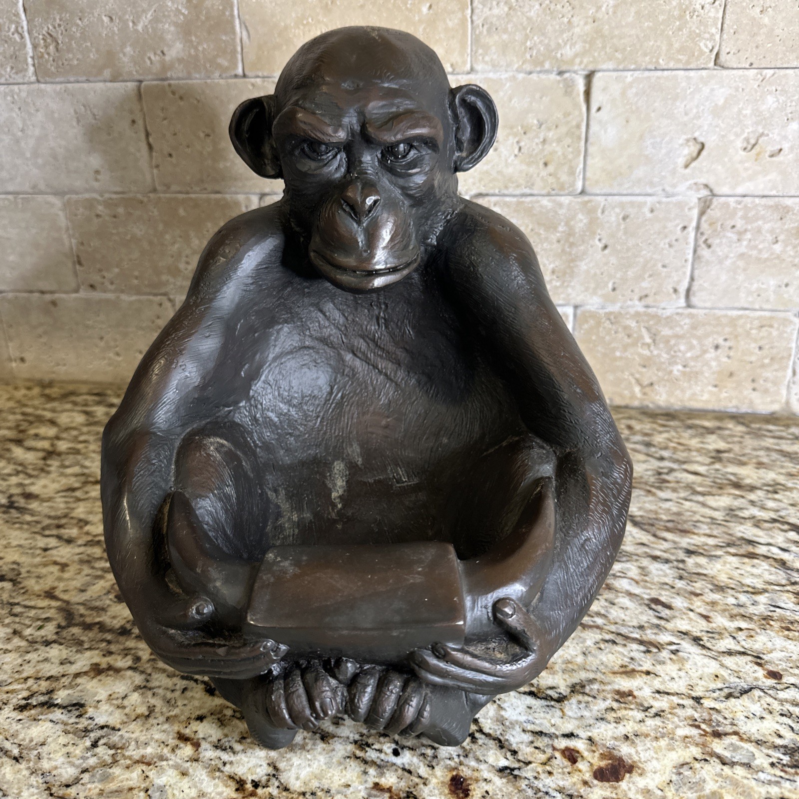Vintage Heavy 10 lb 12oz Large Seated Monkey Holding Horns Resin