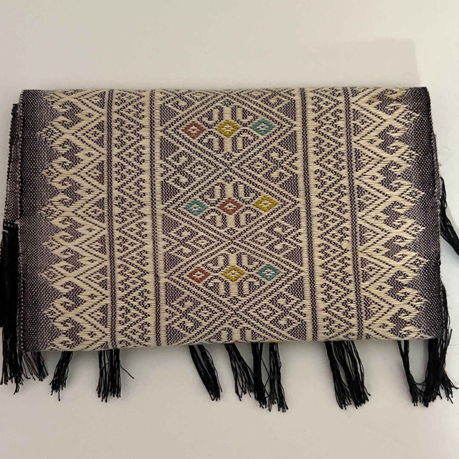 Vintage Hand Woven Thai Lao Silk Brocade Table Runner Tapestry Fringed Purple⁠