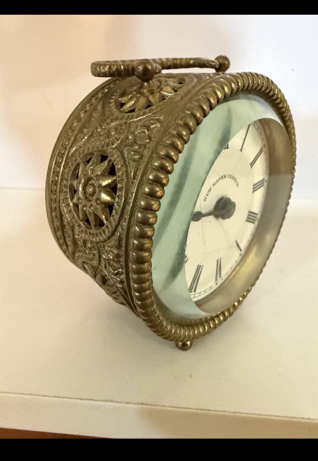 Antique Ornate 1890s New Haven Brass Filigree Alarm Clock Repousse Ornate 