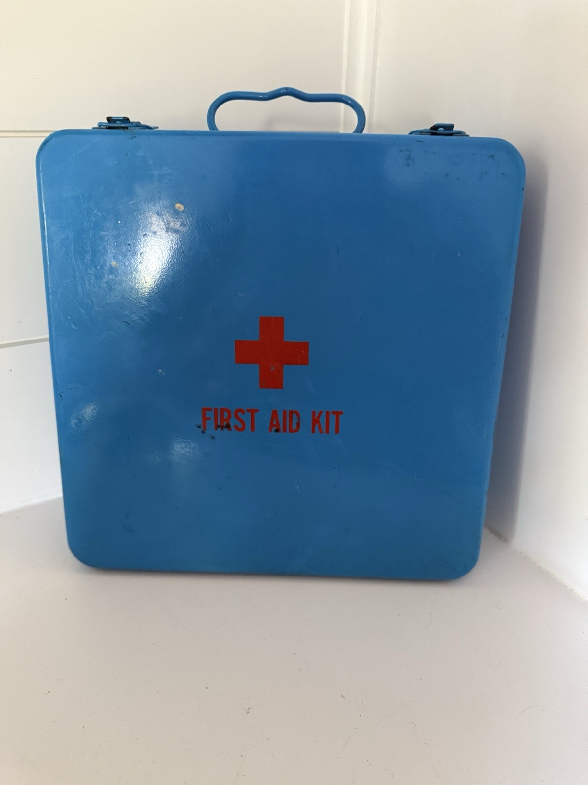 Vintage First Aid Kit Wall Mount Blue Metal Emergency Box Waterproof Case
