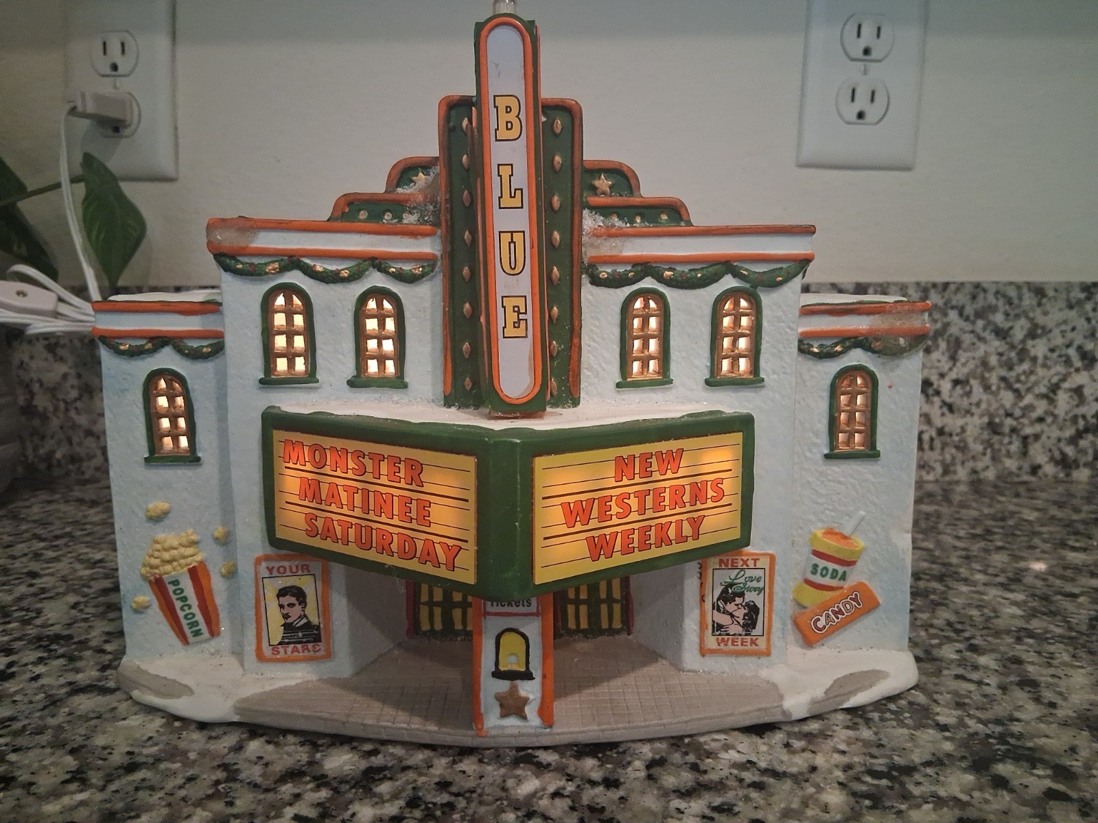 Vintage 1998 Lemax The Blue Movie Theater Christmas Village Light Up