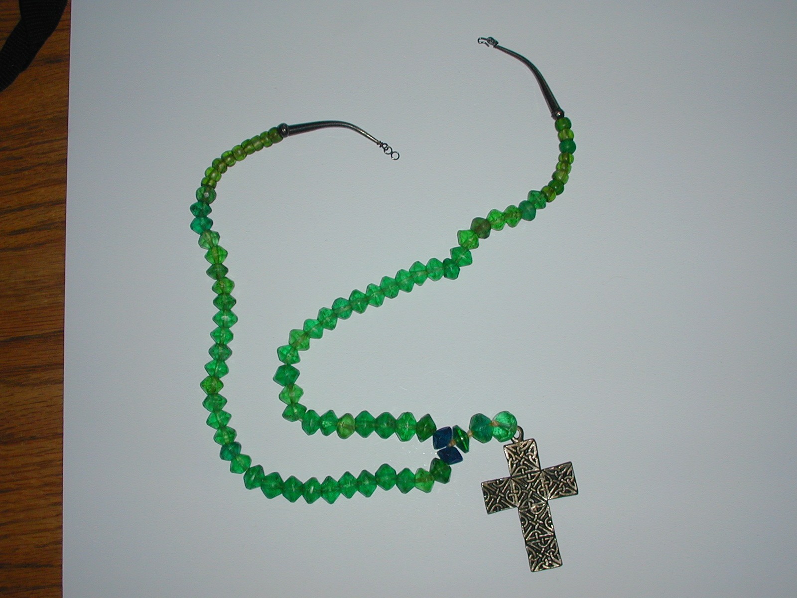 Antique Green Vaseline Trade Beads with a Sterling Silver Clasp and Bronze Cross