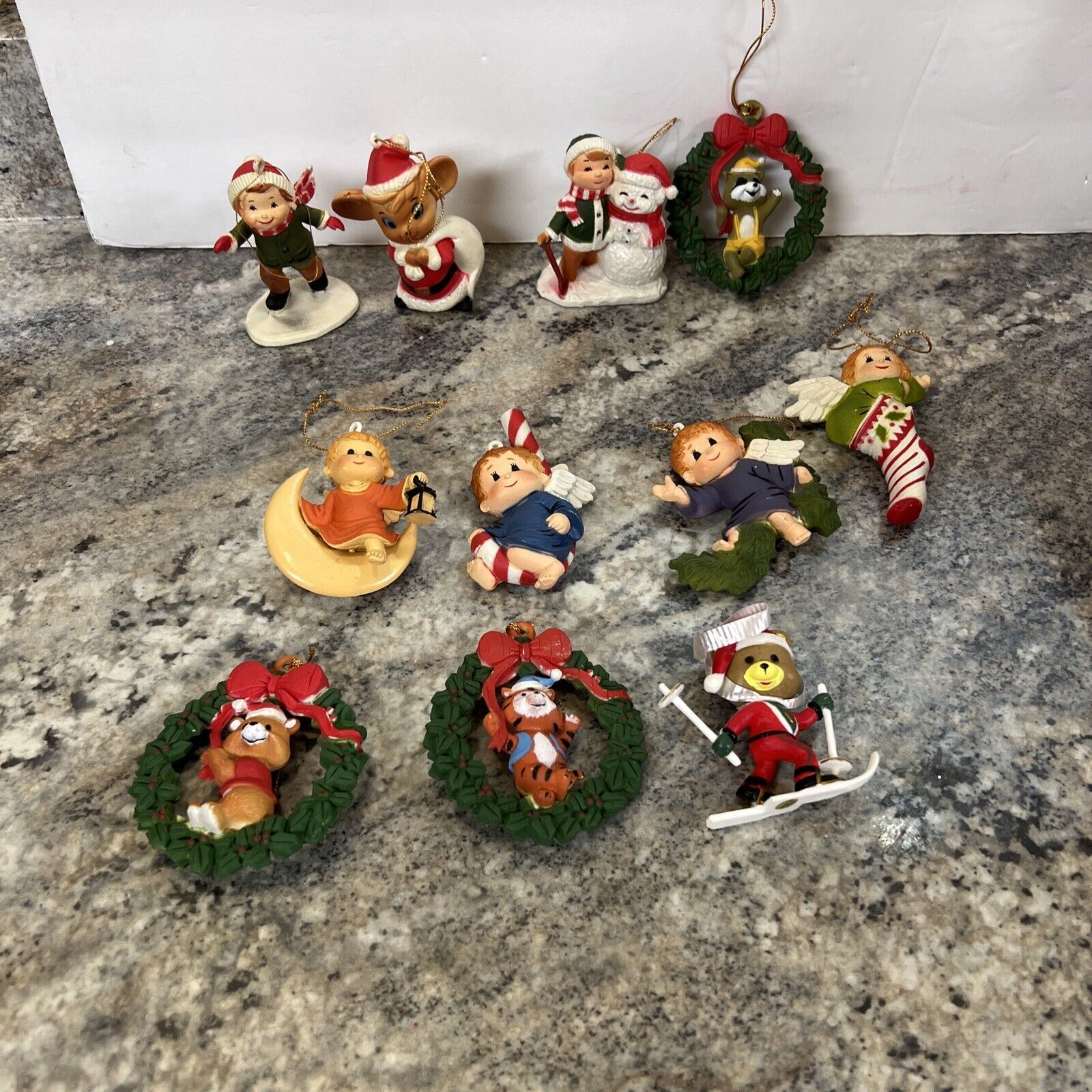 Rare Vintage Celluloid Lot Of 11 Ornaments Santa Mouse Children Snowman  Angel