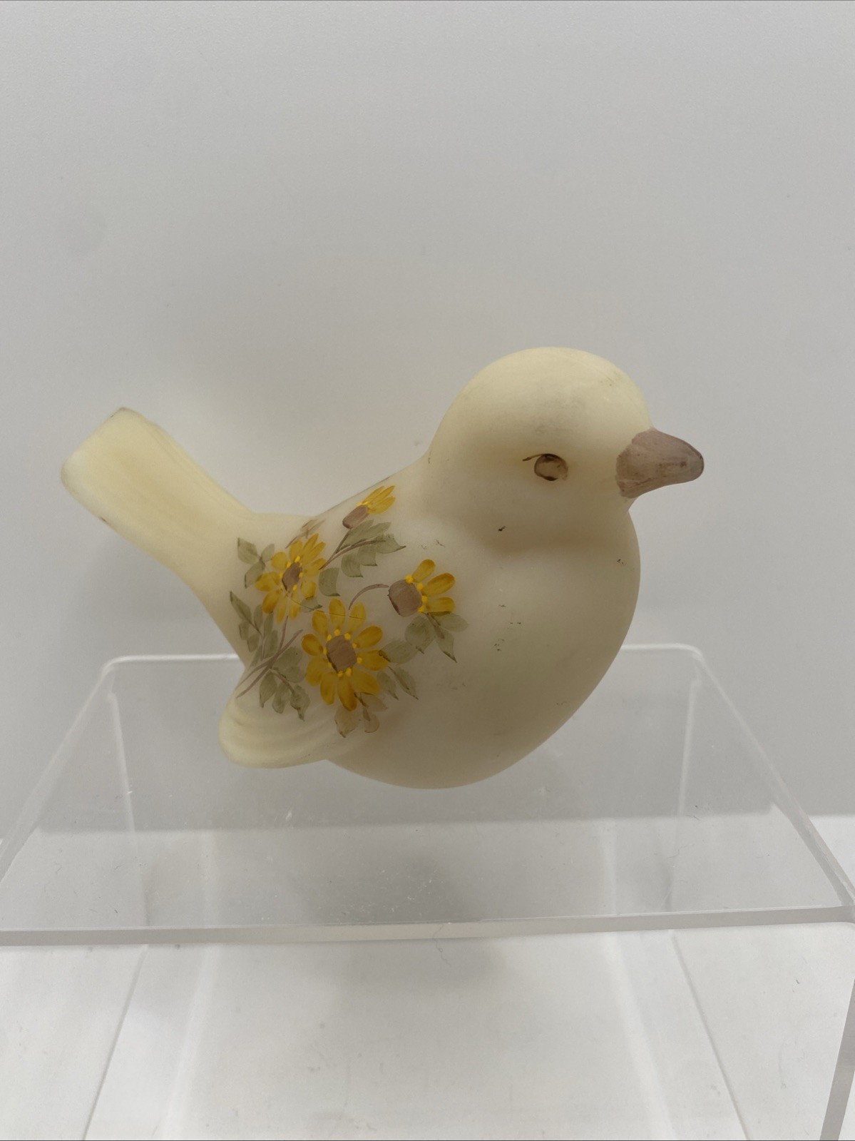 Vintage Fenton Glass Bird Figurine Satin Cameo With Hand Painted Daisies