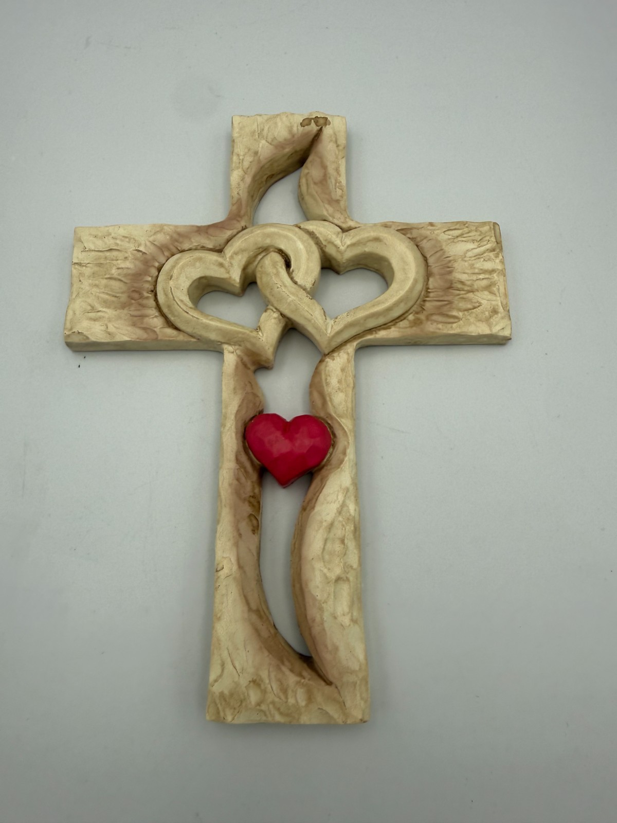 Faux Carved Wood Interlocking Hearts Wall Cross Red Heart Resin Decor 7.5 Inch