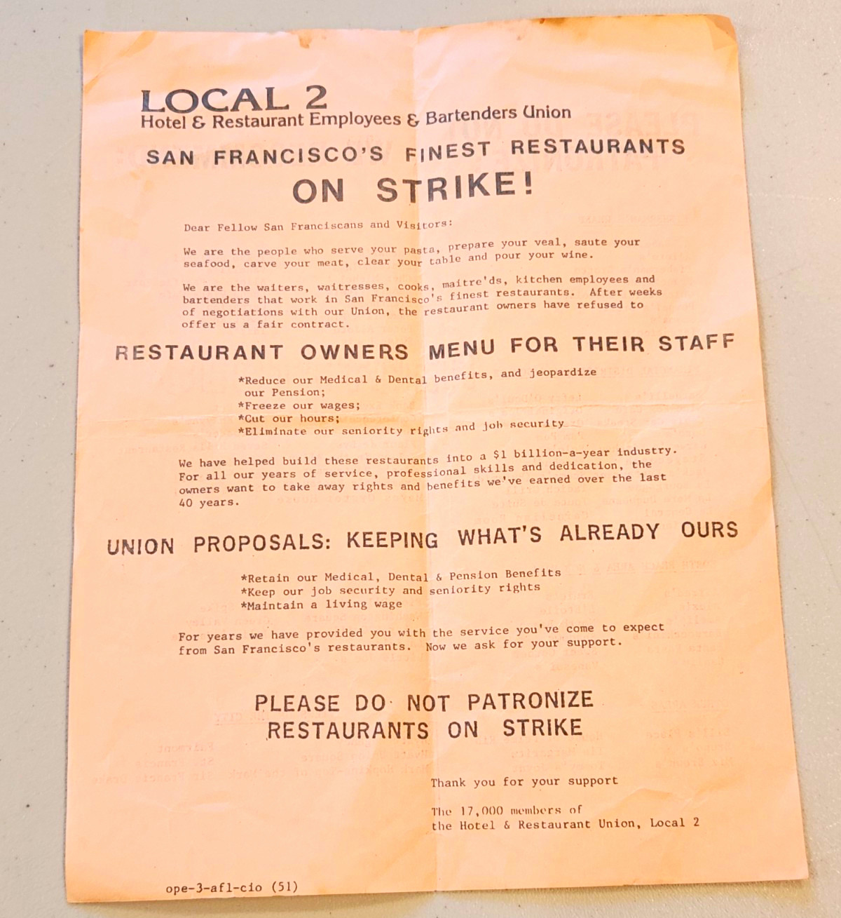 Vintage 1984 San Francisco Restaurant Strike Flyer Local 2 Union Boycott List