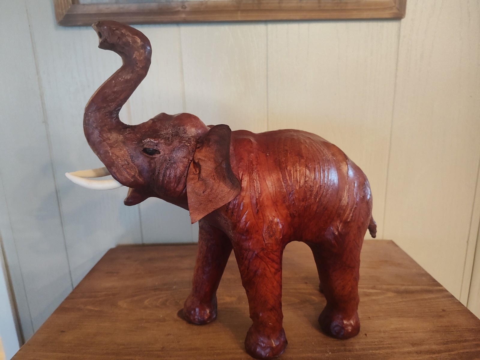 Vintage Leather Elephant Statue Figurine With Tusks 13.5\