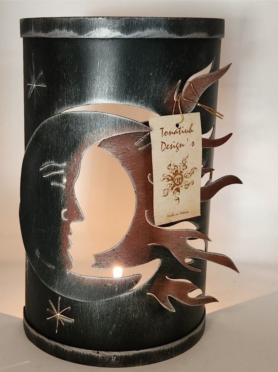 Vintage Metal Sun Moon Stars Brushed Metal Candle Holder Celestial, Altar Décor,