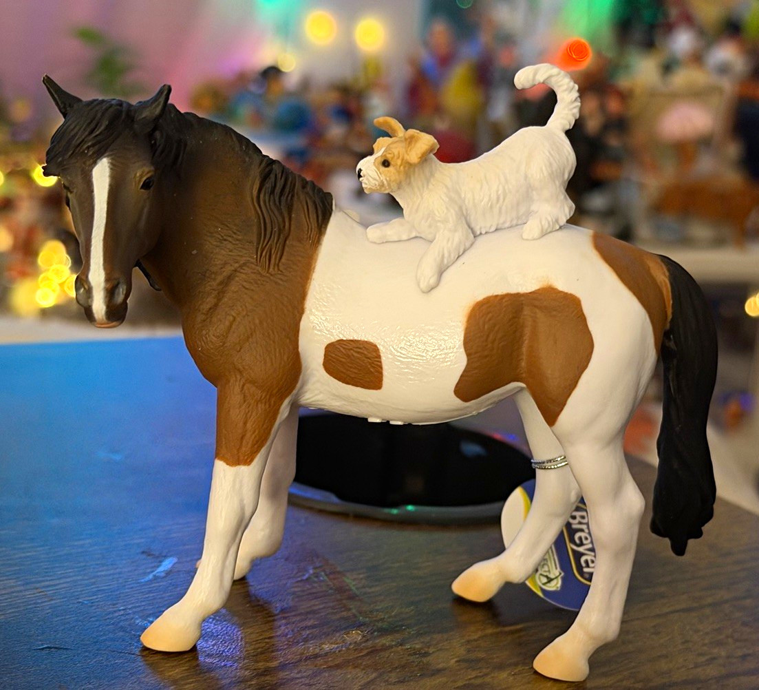 Breyer/CollectA PVC Mare Figurine Brown & White Pinto with Terrier Dog on Back