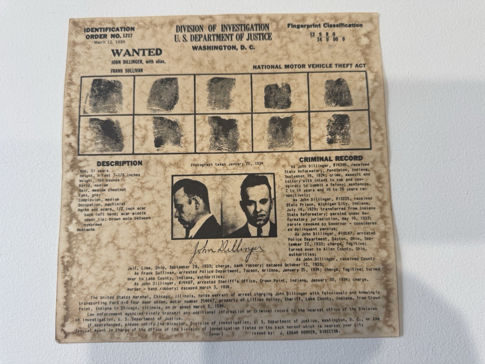 1934 DOJ Division of Investigation John Dillinger Wanted Fingerprint, Signed 1934 DOJ Division of Investigation John Dillinger Wanted Fingerprint, Signed