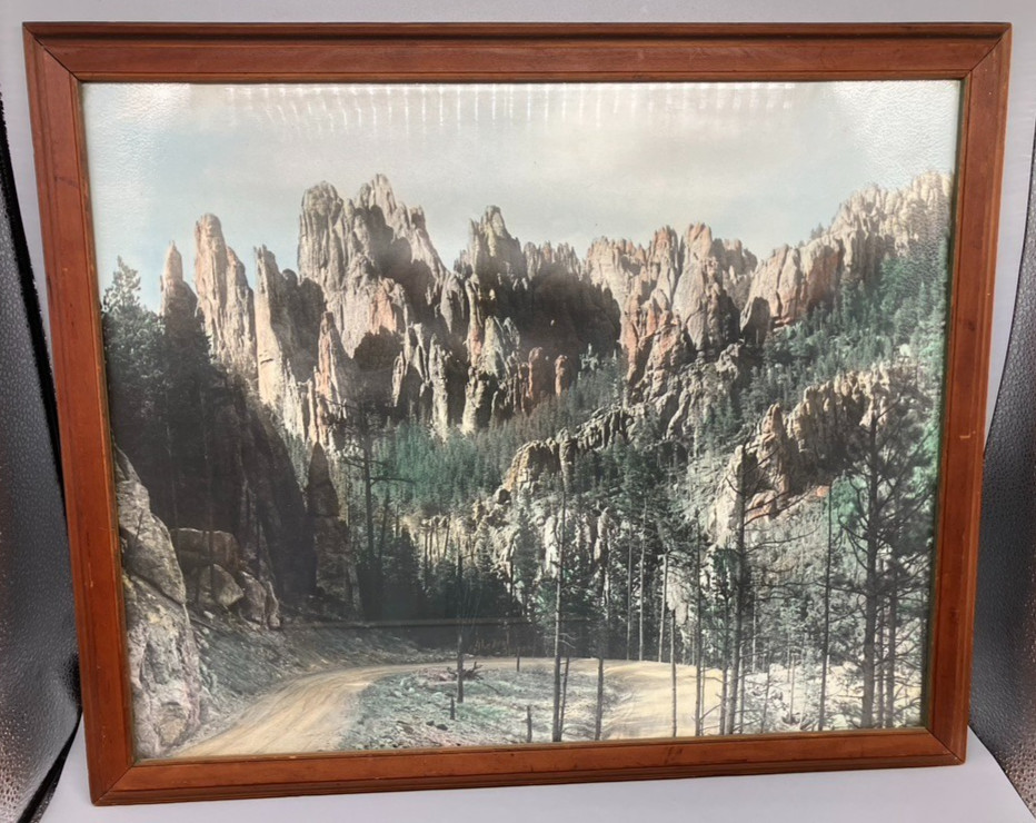 LARGE VINTAGE FRAMED HAND TINTED PHOTO OF THE NEEDLES CUSTER PARK SOUTH DAKOTA LARGE VINTAGE FRAMED HAND TINTED PHOTO OF THE NEEDLES CUSTER PARK SOUTH DAKOTA