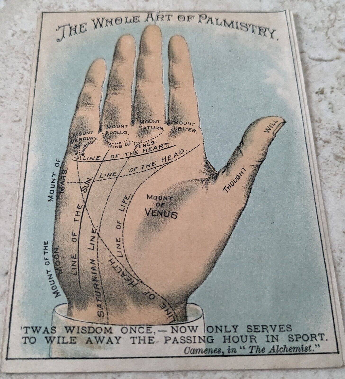 *VERY RARE* VICT. TRADE CARD PALMISTRY, ART OF PALM READING, SAPOLIO SOAP WOW