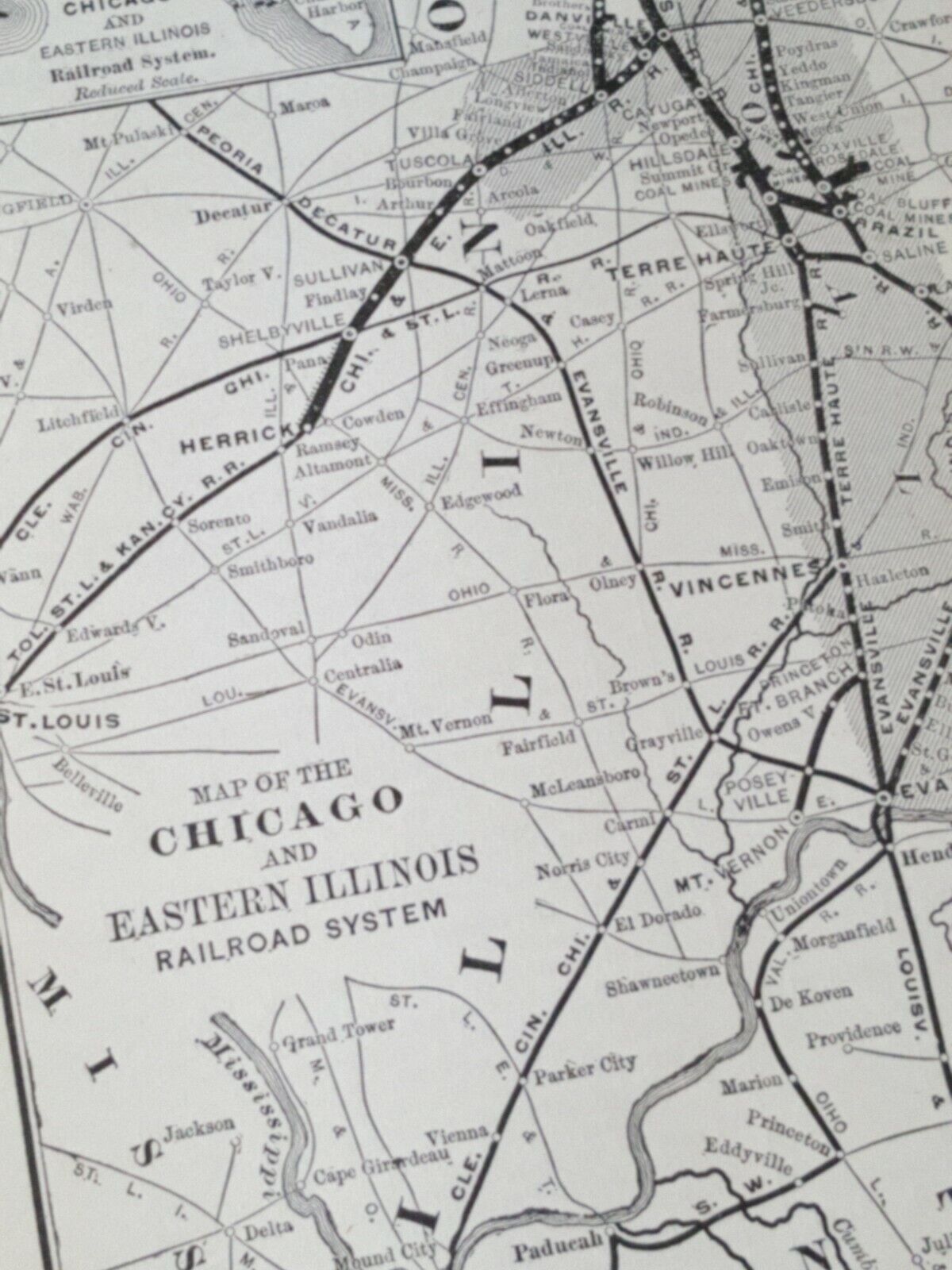 Original 1896 map CHICAGO & EASTERN ILLINOIS RAILROAD Dolton Brazil IN all route