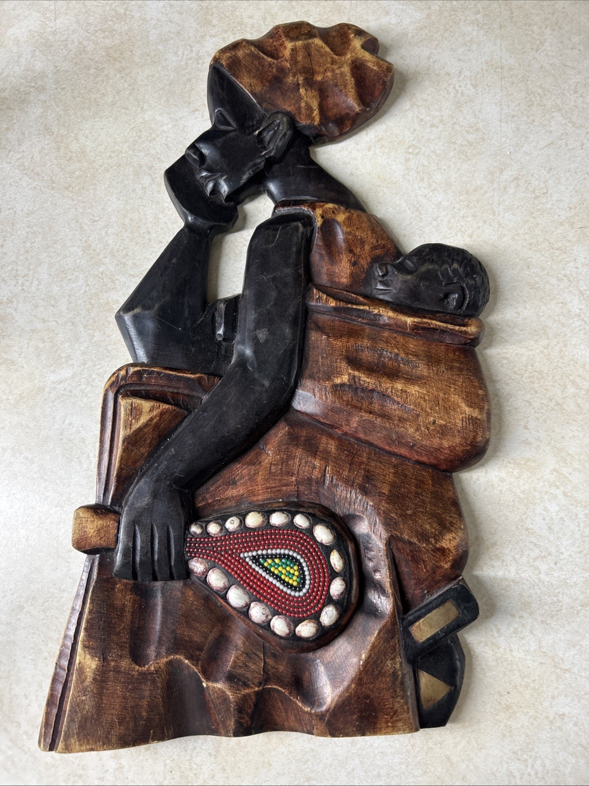 Vtg African Woman & Child Carved Wood Wall Sculpture Plaque 20” X 11” Large