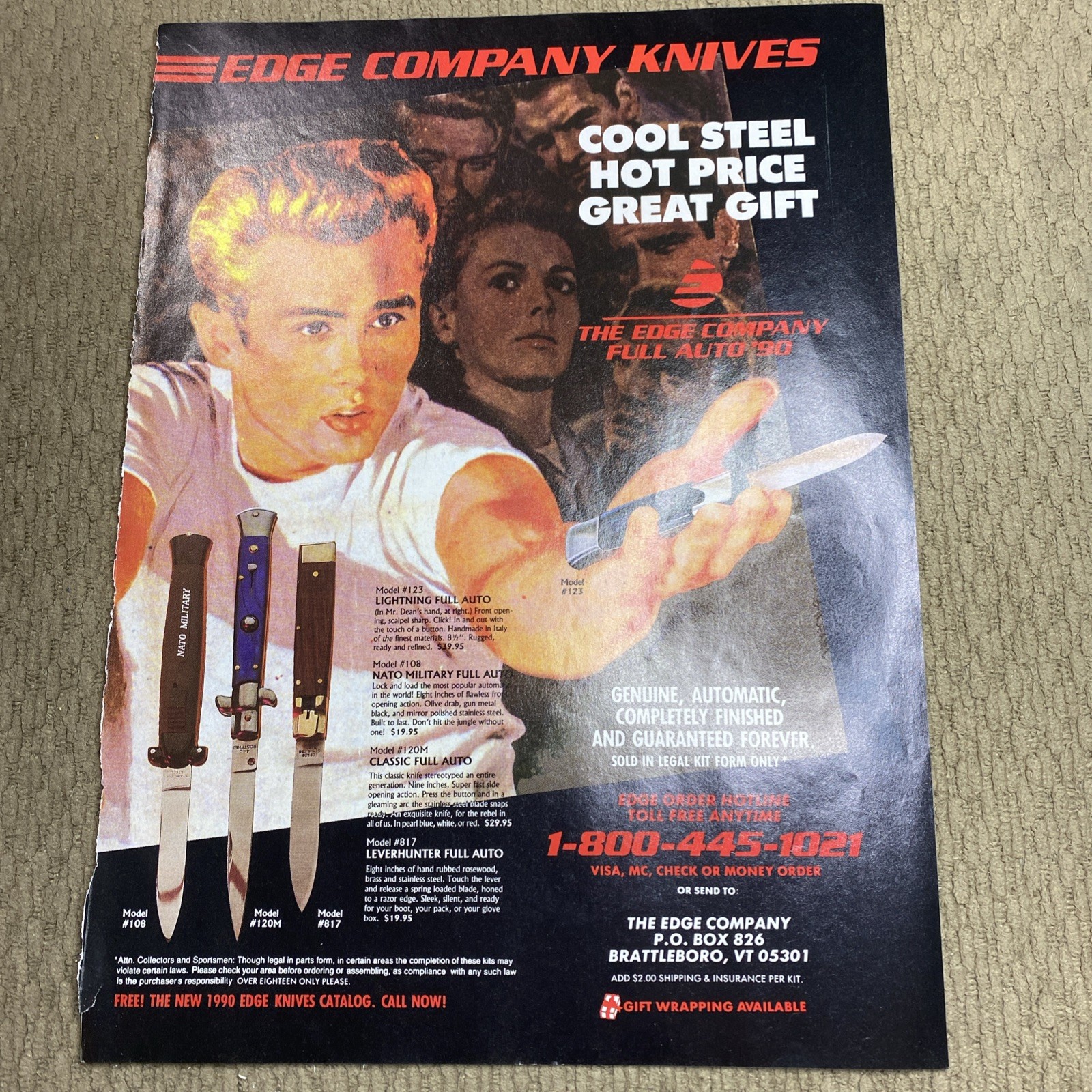 1989 Edge Company Knives NATO Full Auto Switch James Dean Print Advertisement 1989 Edge Company Knives NATO Full Auto Switch James Dean Print Advertisement