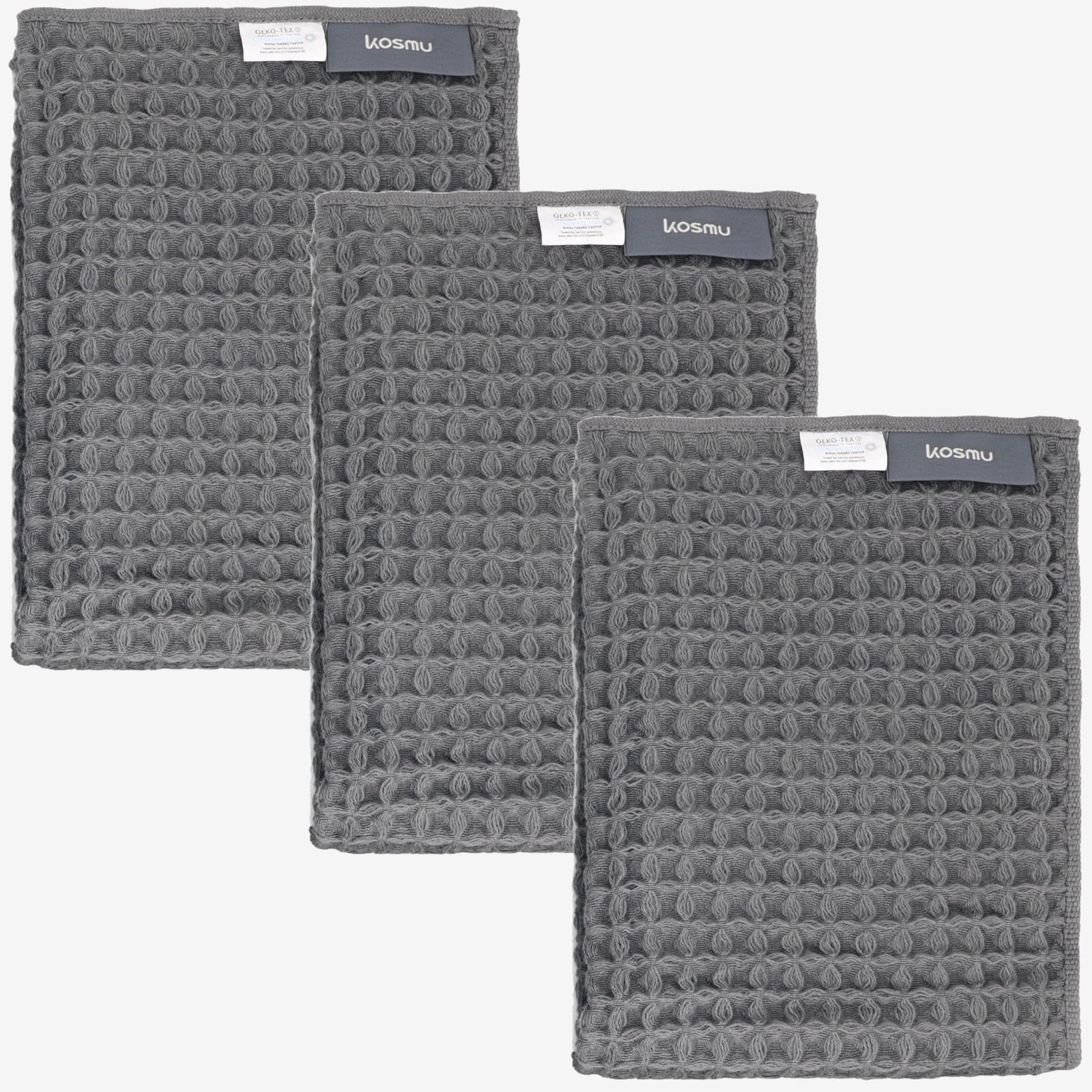 KOSMU Luxury Japanese Cotton Silk Waffle Hand Towels – Smoke Grey, 3 Pack
