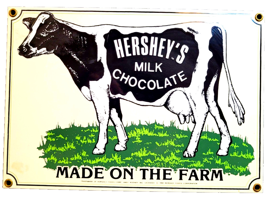 Hershey\'s Made on the Farm Milk Chocolate Heavy Porcelain Sign 1991 Hershey\'s Made on the Farm Milk Chocolate Heavy Porcelain Sign 1991