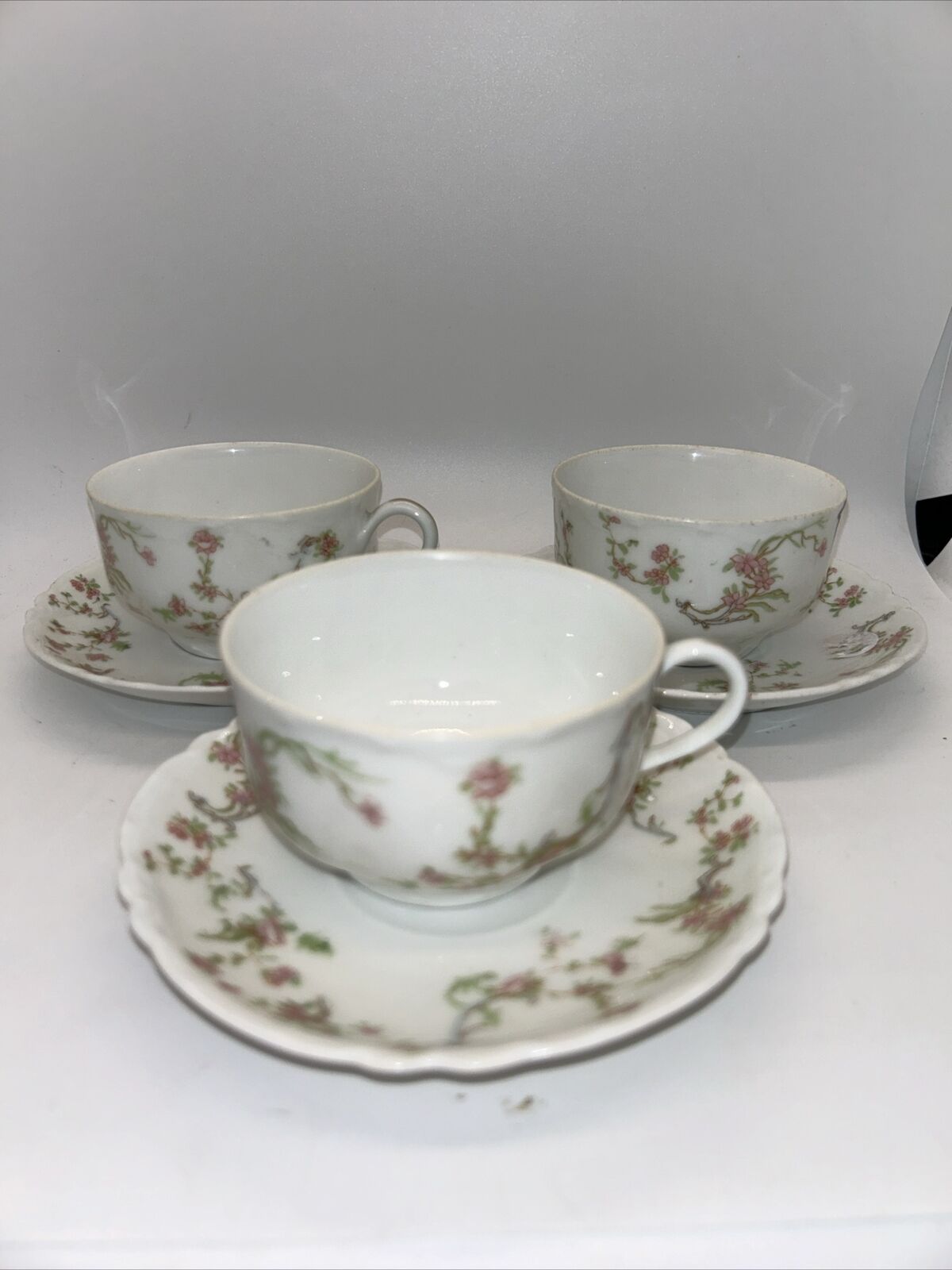 RARE 3 Vintage M.C. Royal Saxony China Tea Cups w/ Floral Decor One Shows Wear