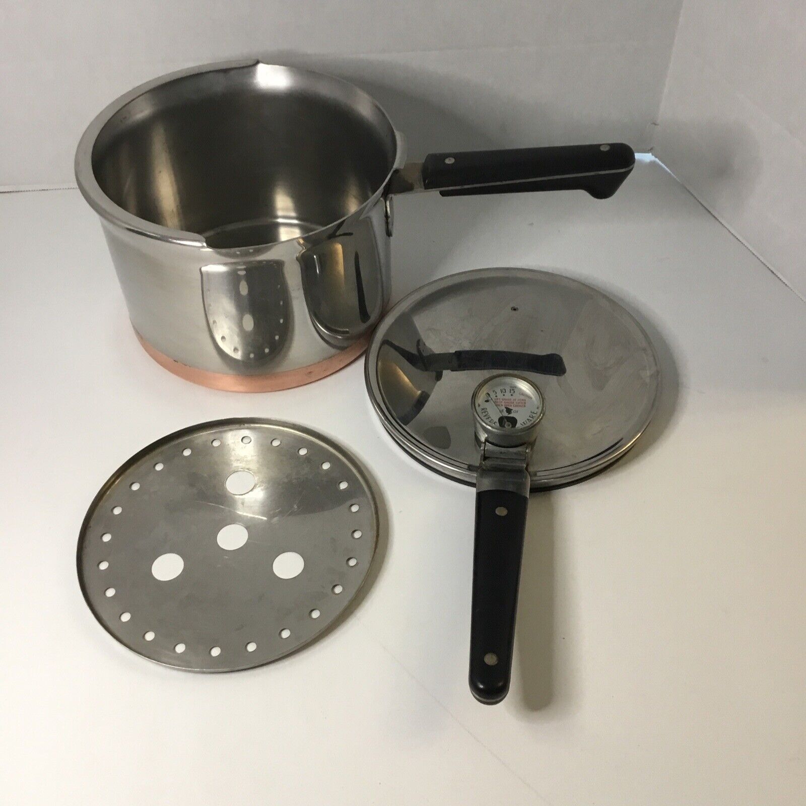 Vintage Revere Ware 1801 Stainless Pressure Cooker 4 qt. Pot Copper Clad Bottom 