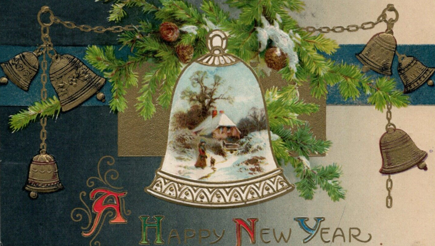 1909 Scenic Country Winter Golden Bells Winsch Back New Year Embossed Postcard