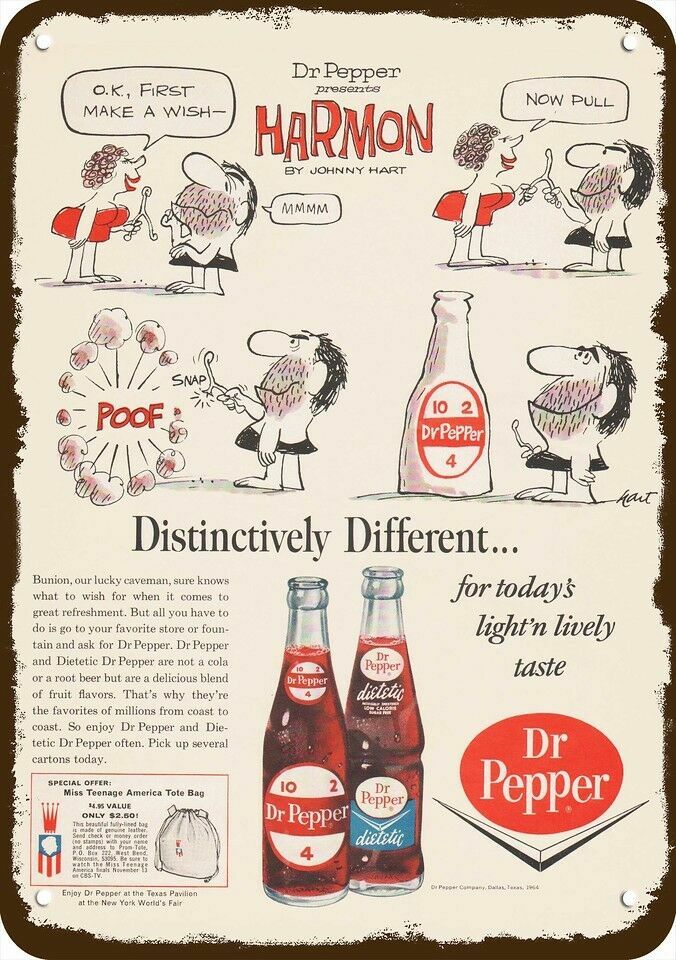 1964 DR. PEPPER JOHNNY HART HARMON Cartoon VnLook DECORATIVE REPLICA METAL SIGN 1964 DR. PEPPER JOHNNY HART HARMON Cartoon VnLook DECORATIVE REPLICA METAL SIGN