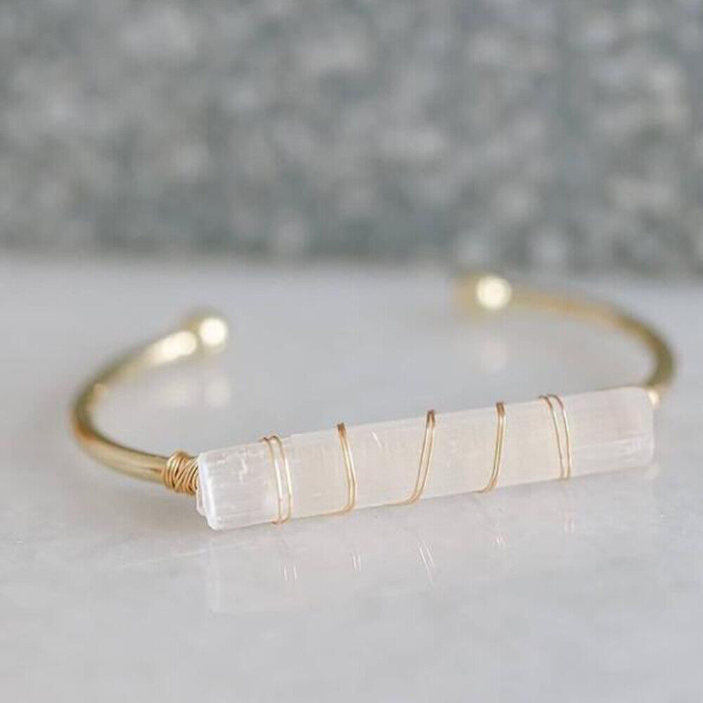 Wire Wrapped Selenite Wand Stick Bangle Crystal Bead Bracelet Opening Irregular