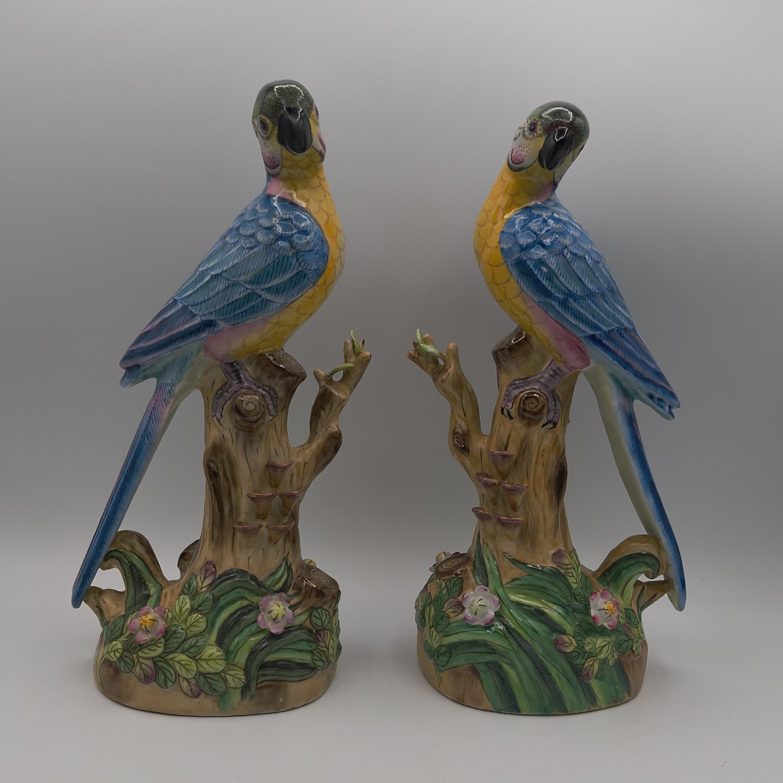 Andrea by Sadek 2 Blue/Yellow Parrots Birds Chinoiserie Porcelain Figurine 11.5