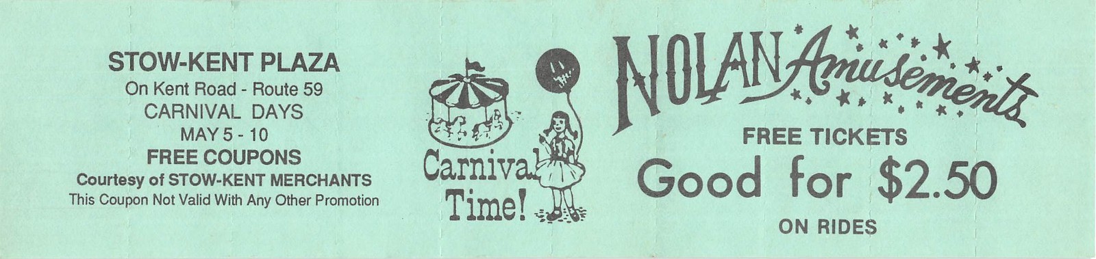 Stow Kent Nolan Amusement Park Carnival Days 10 Ride Tickets Route 59