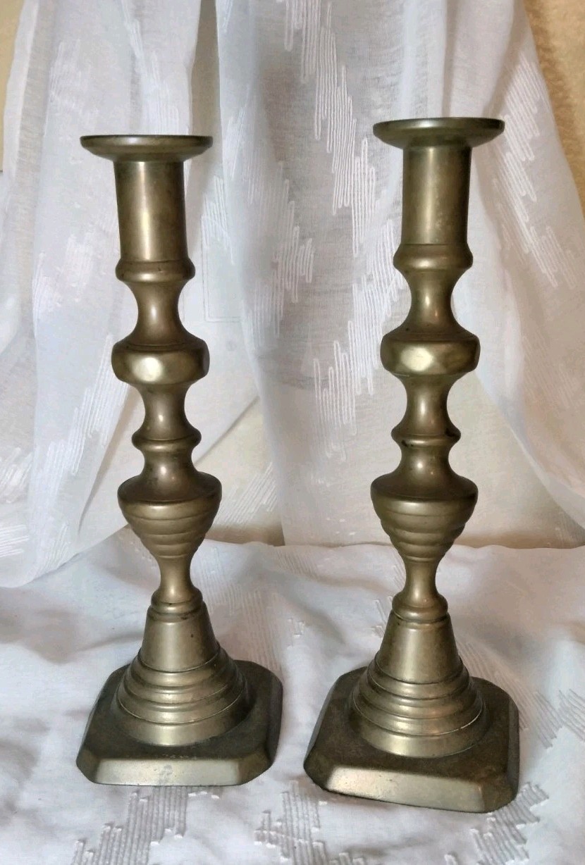 Antique 19th C Victorian English Brass Beehive Candlesticks  Push Up Mechanism