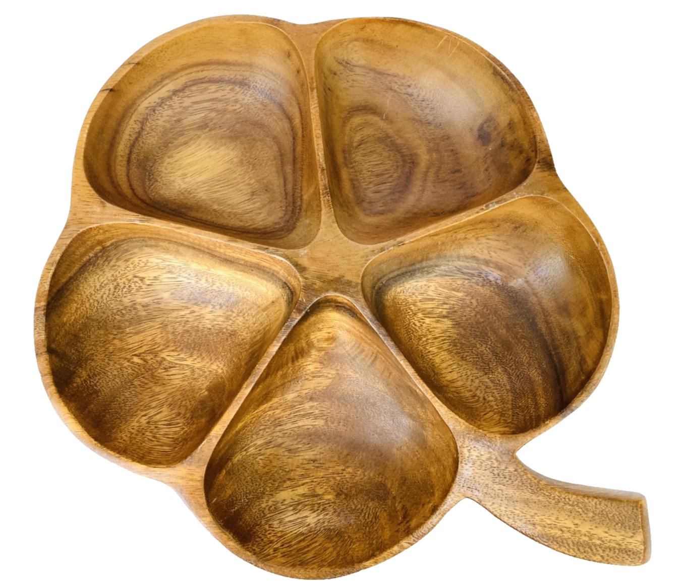 Vintage Wooden Shamrock Tray Sectioned 12” Monkey Pod 1960s Irish Clover