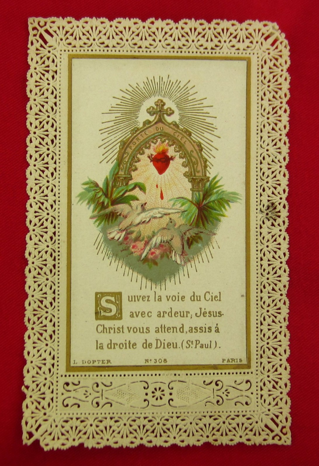 Antique SACRED HEART Lace Holy Card GATE OF HEAVEN French L. Dopter Paris 1899