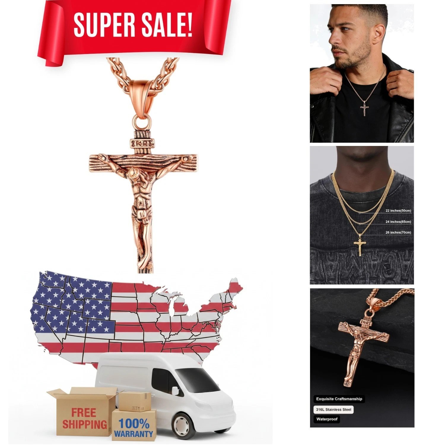 Classic Rose Gold Plated Crucifix Necklace - Adjustable 22/26\