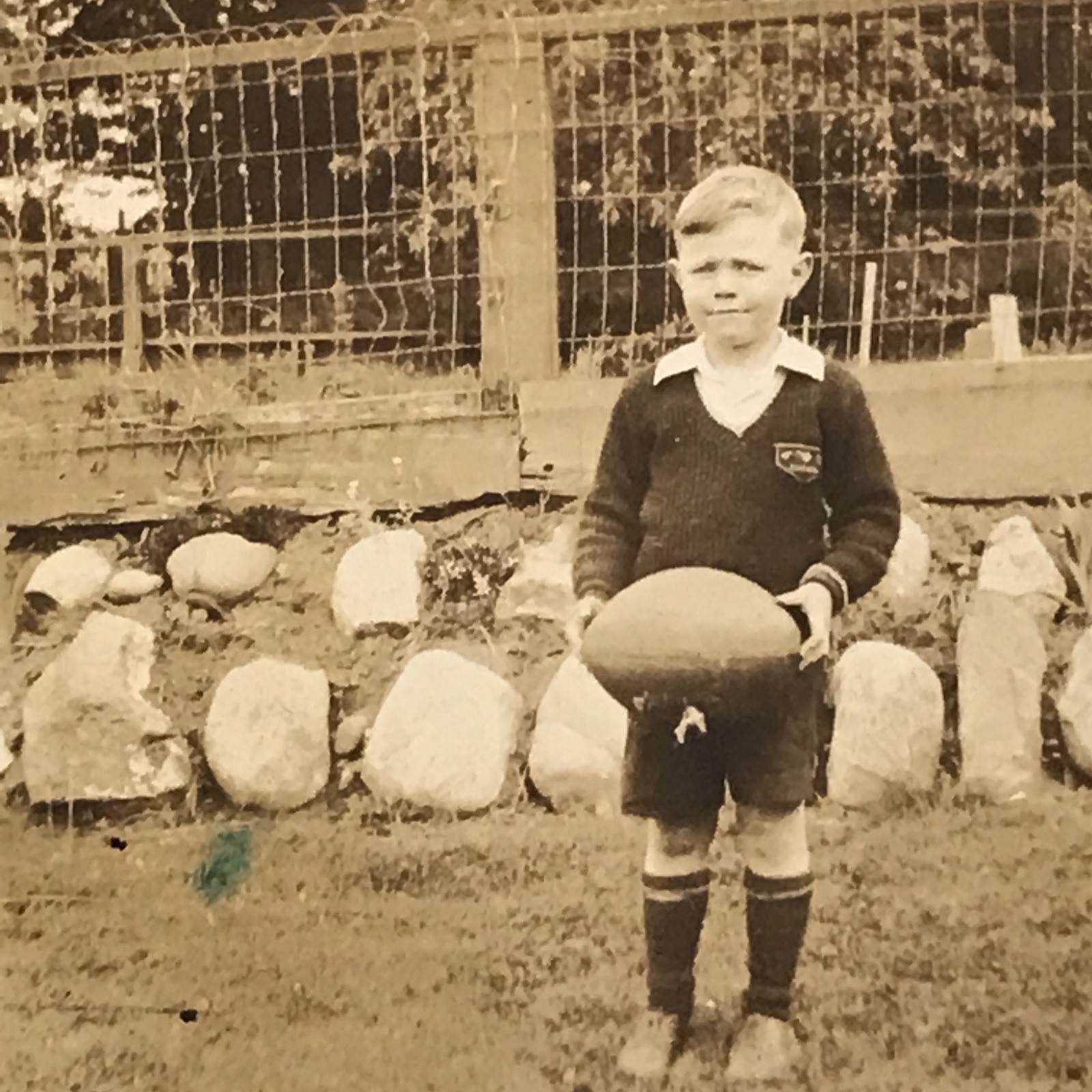 Young Boy Child w/ Rugby Ball & Uniform Vancouver BC Snapshot Photograph ID\'d