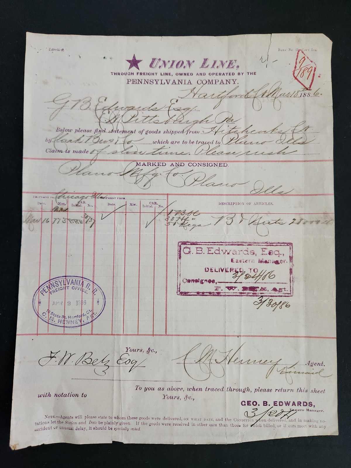 1886 antique UNION LINE freight PENNSYLVANIA CO hartford ct GB EDWARDS railroad