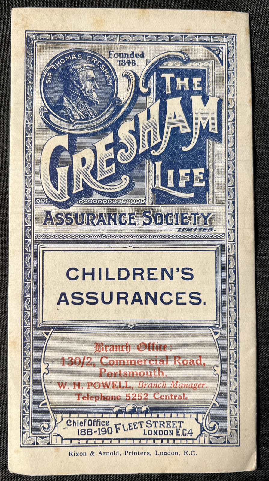 Vintage LONDON England the Gresham Life Childrens Assurance Society Application