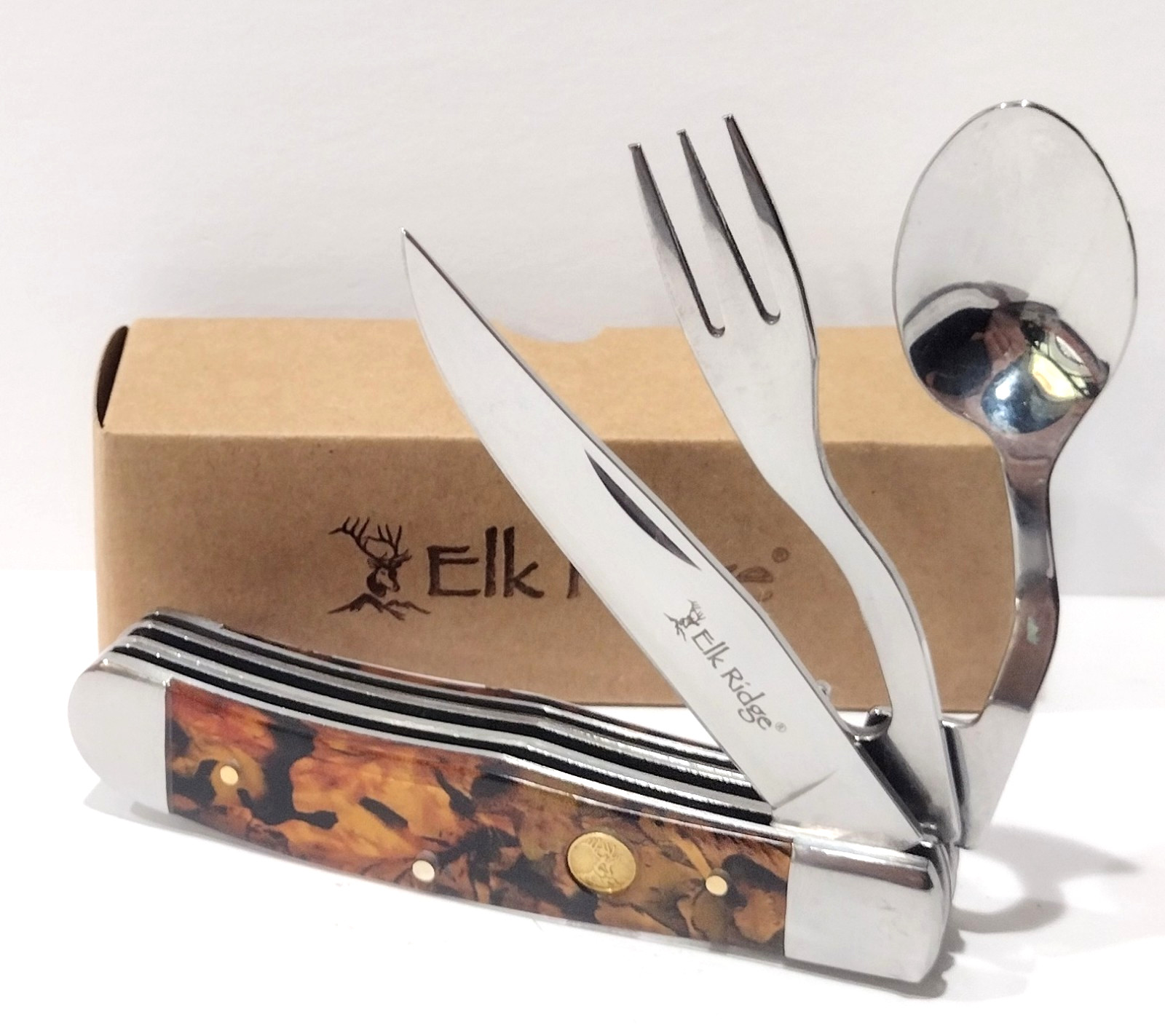 Elk Ridge Camo HOBO Folding Knife Fork Spoon Bottle Opener Utensil Camping Tool