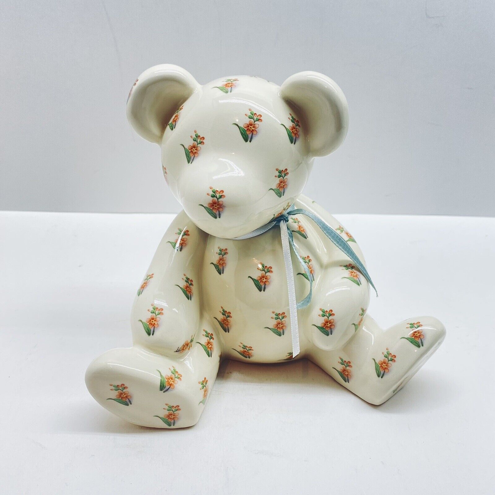 Ceramic Teddy Bear Figurine Nursery Baby Infant Ivory Pink Vintage